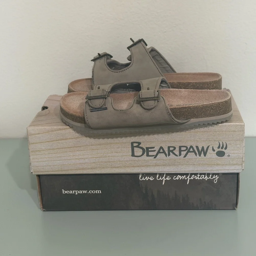 BearPaw Kids Taupe Double-Buckle Slide Sandals